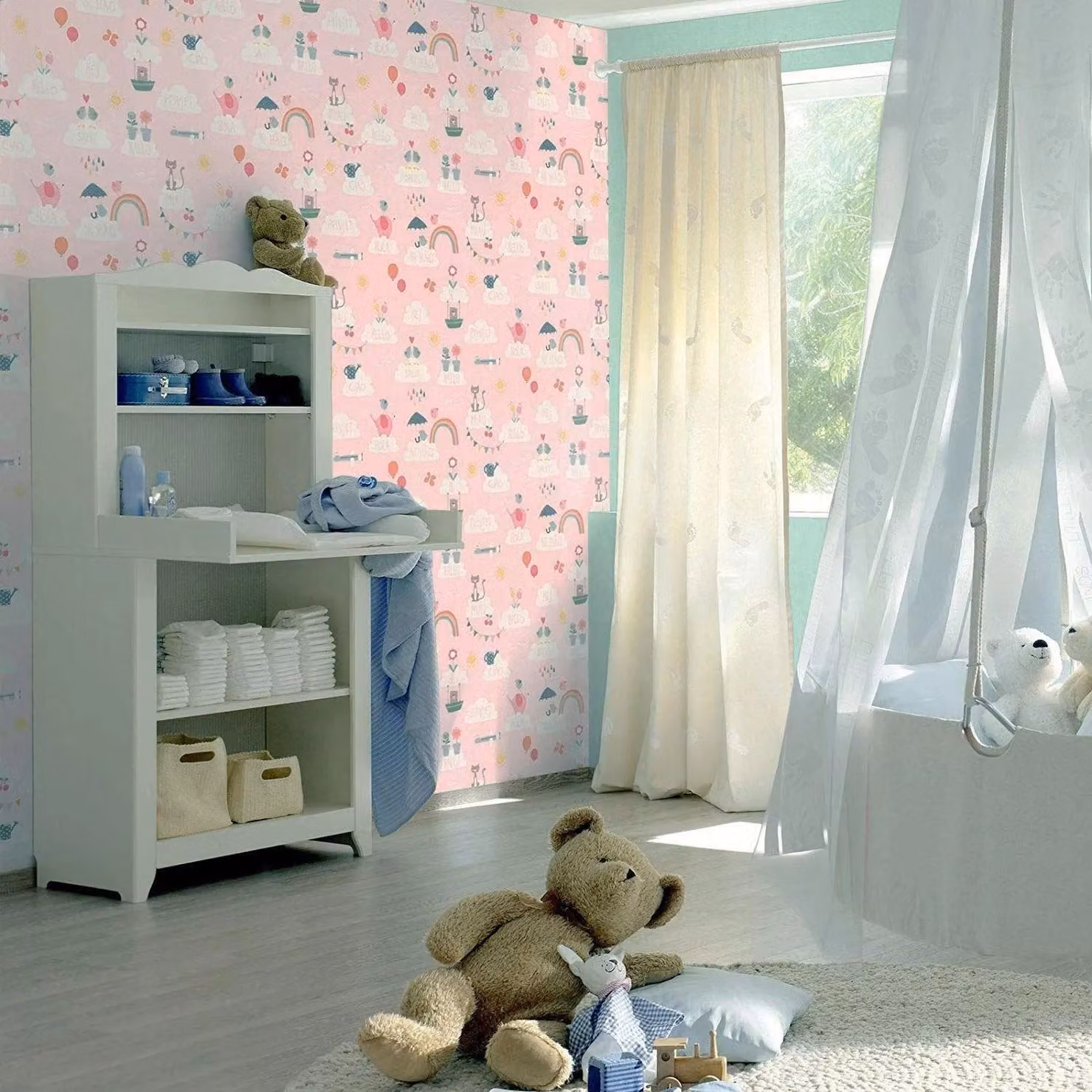 Rasch Hello Clouds Rainbow Birds Cats Butterfly Childrens Wallpaper in Pink, W: 53 cm, H: 10.05 m – 2