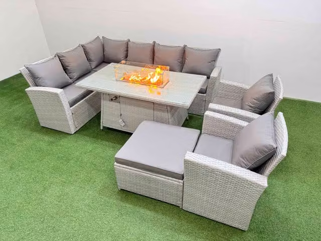 Fimous Rattan L-Shape Corner Sofa Set with Gas Fire Pit Table and Matching Ottomans in Light Grey