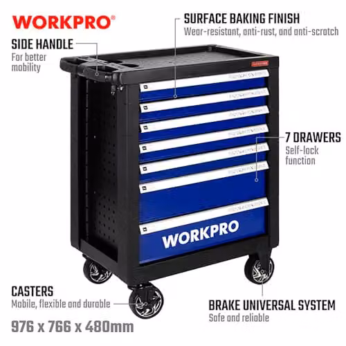 Workpro 7 Drawer Metal Workshop Trolley on Wheels in Black and Silver, H 79 x W 49 x D 49 cm – 6