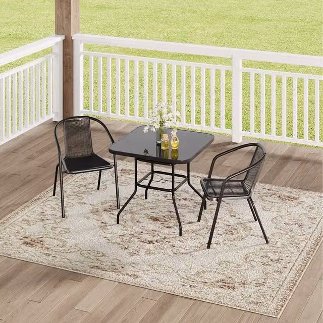 Komore Black Rattan and Tempered Glass Garden Table Set with 3 Chairs