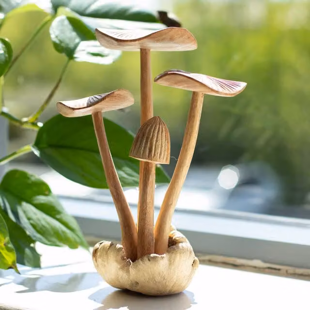 Serenityy Handmade Rustic Wood Mushroom Ornament, Brown, 4 Pack