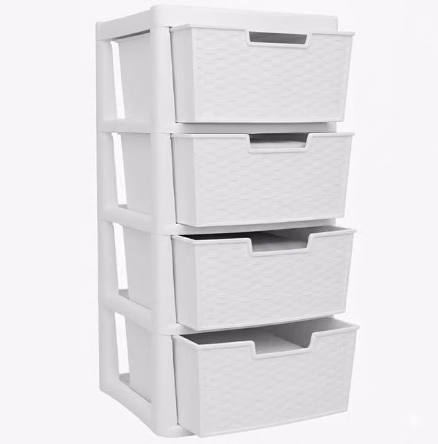 FORGEVIO 4 Tier Large Plastic Rattan Storage Drawer Unit in White