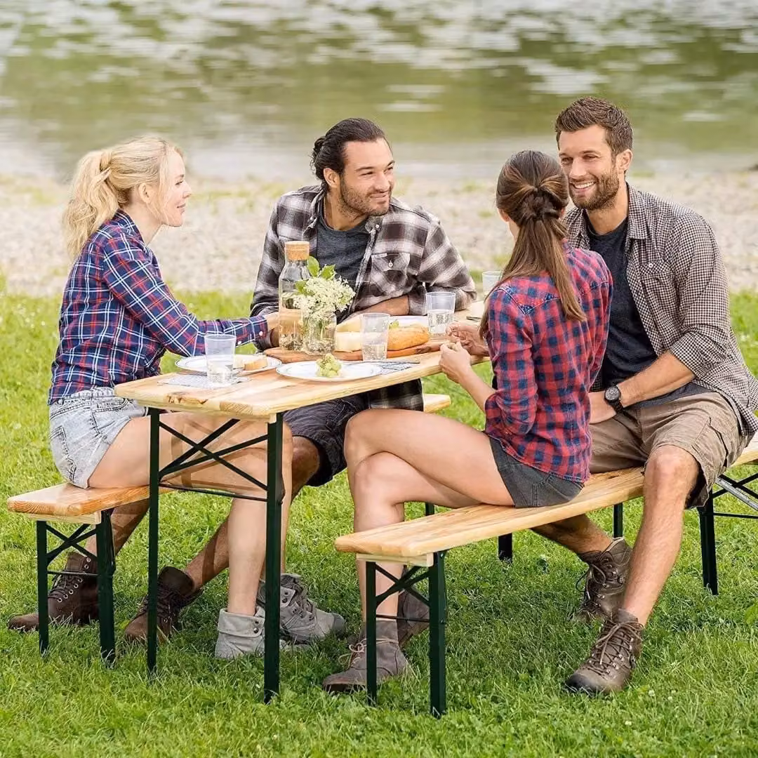 Hygrad 3 Piece Wooden Folding Picnic Beer Table and Bench Set in Brown and Green Spruce Wood – 2