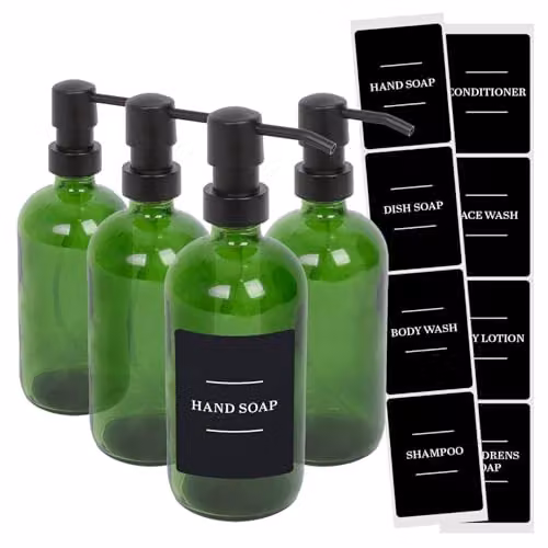 Harbour Housewares Pack of 4 Green Glass Soap Dispensers with Black Labels and Pumps, 500ml – 1