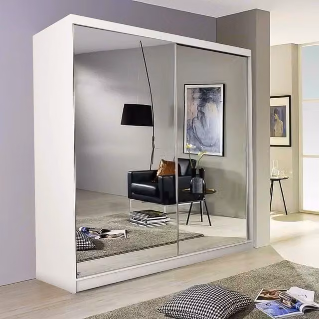 Sliding Wardrobes 4U Double Mirror Sliding Door Wardrobe with LED Light, White, W: 150 cm, H: 217 cm
