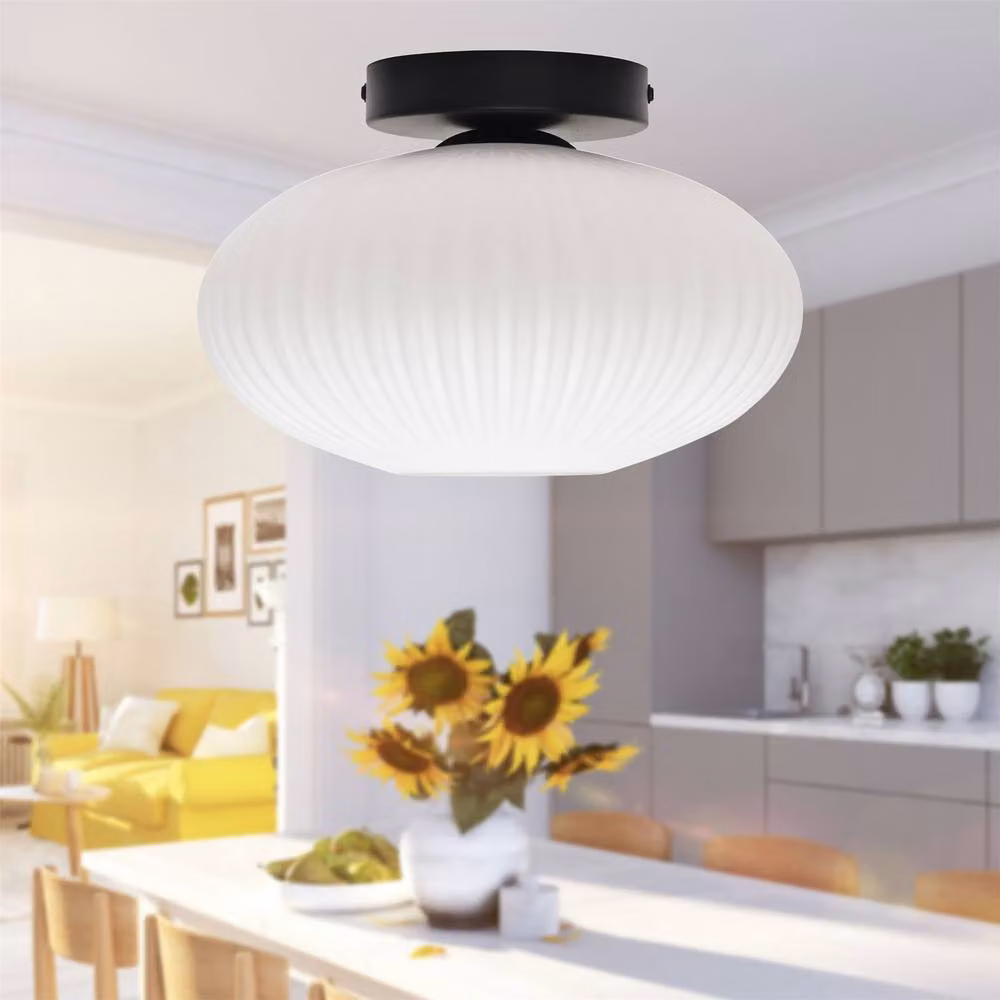 First Choice Lighting Baton Modern Black Ceiling Light Fitting with White Ribbed Oval Glass – 3