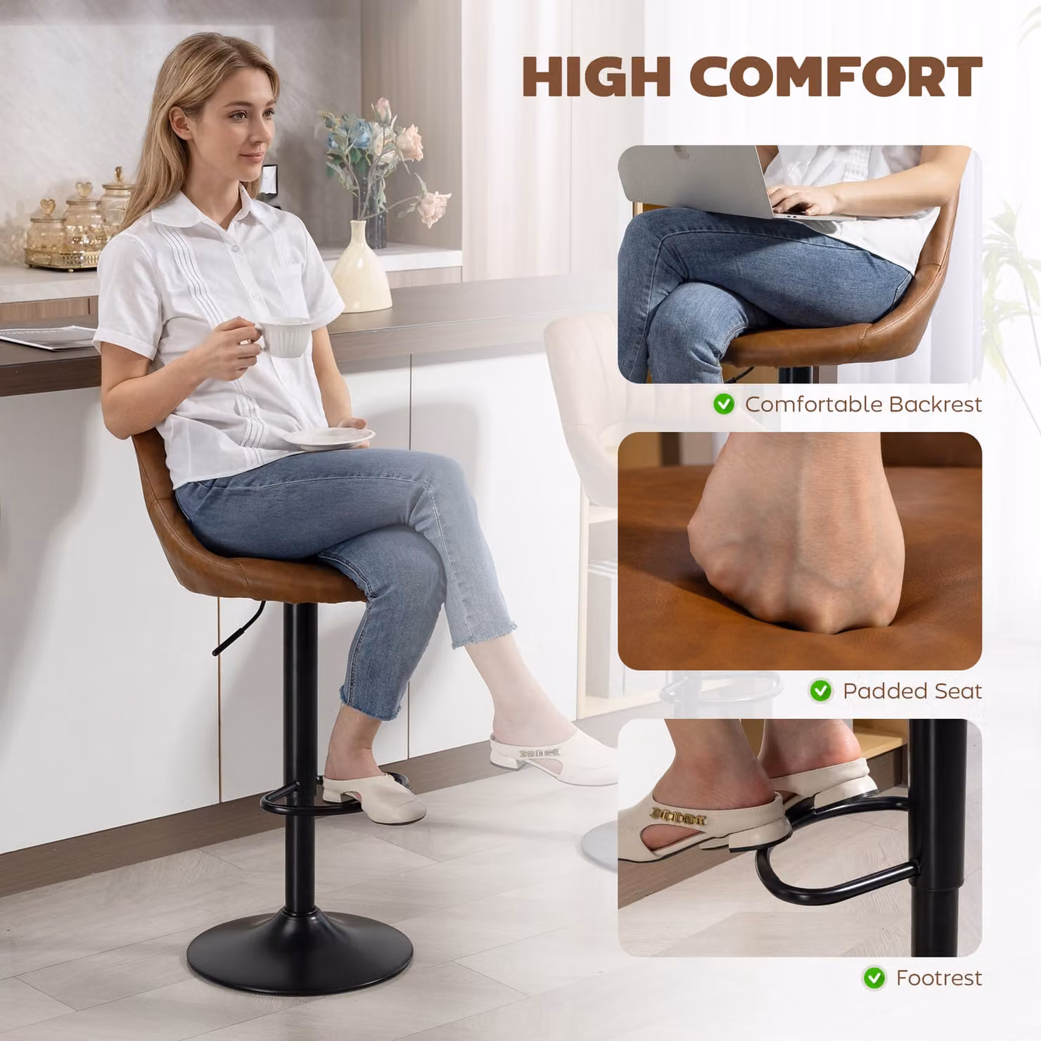 HOMCOM Set of 2 Brown PU Leather Swivel Bar Stools with Backrest and Footrest – 5