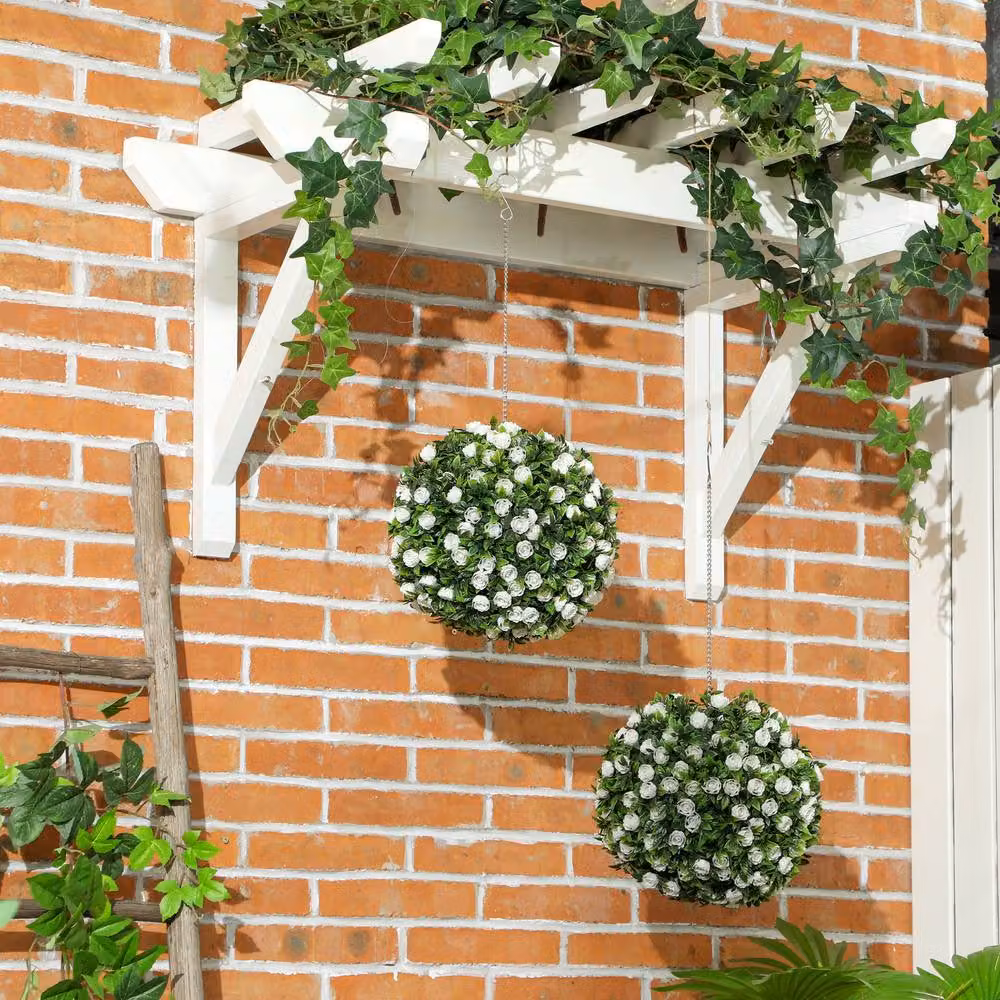 STILVORA Set of 2 White Artificial Rose Ball Hanging Plants, Diameter: 28 cm – 3