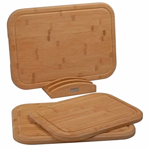 Cooks Professional 3 Piece Bamboo Chopping Board Set with Storage Stand in Brown – 3