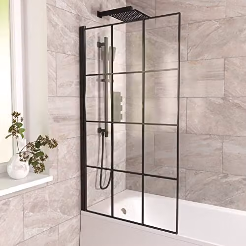 Nes Home Square Reversible Hinged Bath Screen with Clear Glass and Black Profile, W: 80 cm, H: 140 cm