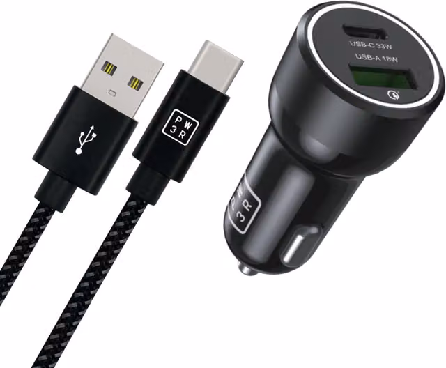 PW3R Dual Port Car Charger with Black Nylon Braided USB-A to USB-C Cable, Length: 10 cm