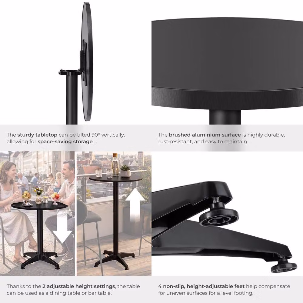 tectake Viktor Aluminum Bistro Table in Black, Foldable and Height-Adjustable, Diameter: 60 cm – 5