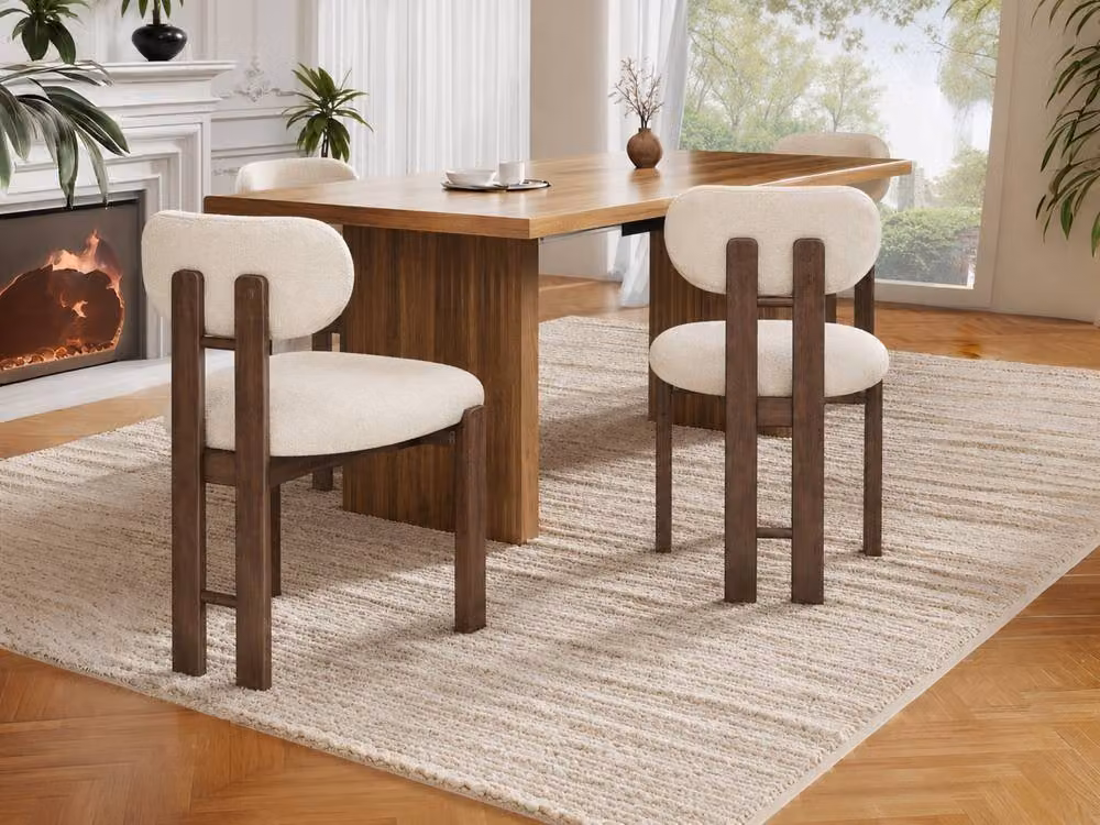 Matteo Boucle Upholstered Dining Chairs with Solid Walnut Wood Frame, Set of 2, Beige and Brown – 3