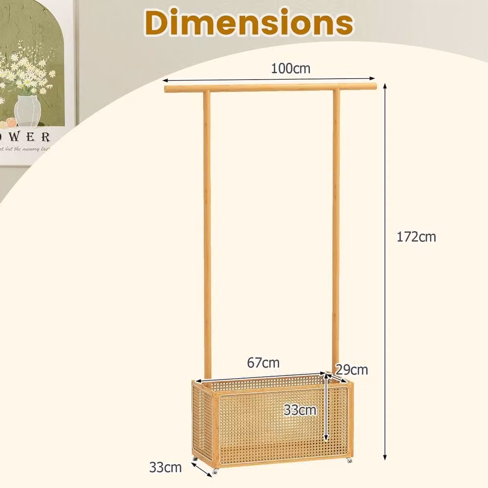 VOGREX Natural Bamboo Garment Rack with Rattan Storage Basket in Beige, H 172 cm x W 33 cm x D 33 cm – 2