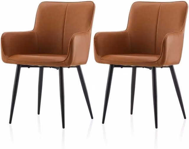 SPETLEK Set of 2 Brown PU Leather Dining Chairs with Metal Legs – 1