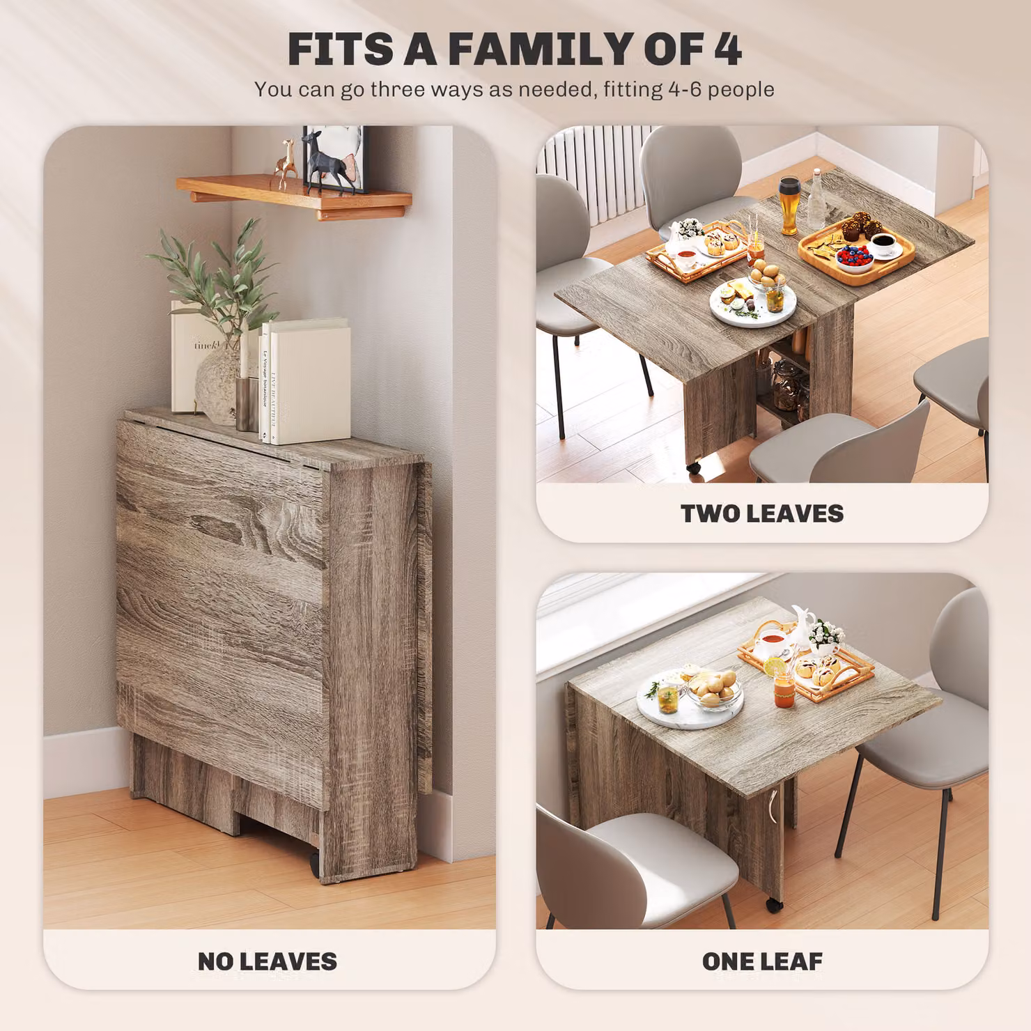 HOMCOM Grey Folding Kitchen Dining Table with 2-tier Shelves and Rolling Casters – 3