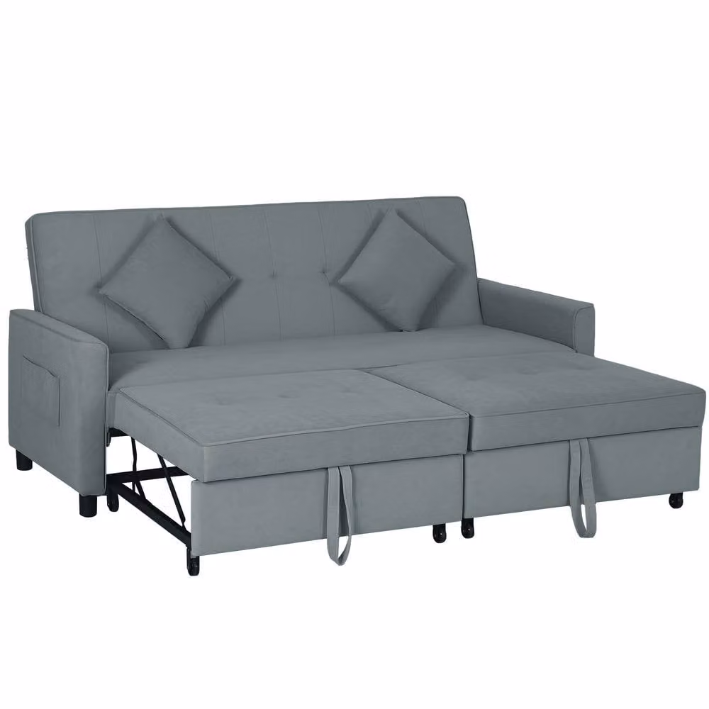 ERGOVEXA Three-Person Velvet Grey Click-Clack Sofa Bed with Adjustable Headrest and Scatter Cushions, W/D/H: 196 x 89 x 90 cm, Sleeping Area: 140 x 200 cm – 3