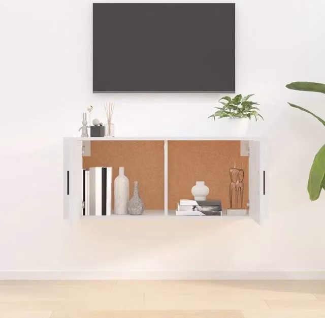 Berkfield Home Wall Mounted Modern White Wood TV Cabinet W: 100 cm, D: 34.5 cm, H: 40 cm – 1