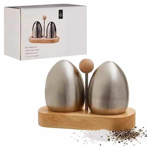 Orsina Stainless Steel and Rubberwood Salt and Pepper Shaker Set with Stand, Silver, H 13 x W 9 x D 7 cm