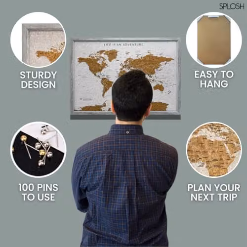 Splosh Grey Framed Travel Map Cork Board with 100 Pins – 2