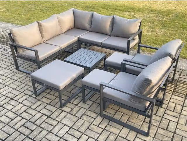 Fimous 10 Seater L-Shape Outdoor Garden Corner Lounge Sofa Set in Dark Grey with Powder Coated Aluminium Frame