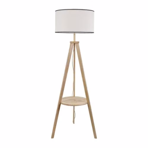 ValueLights Natural Wood Tripod Floor Lamp with Black and White Fabric Cylinder Shade