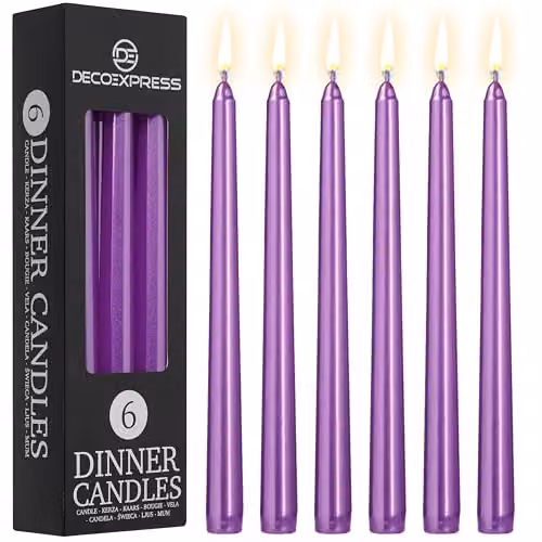 Deco Express Set of 6 Classic Unscented Dripless Tapered Metallic Purple Dinner Candles