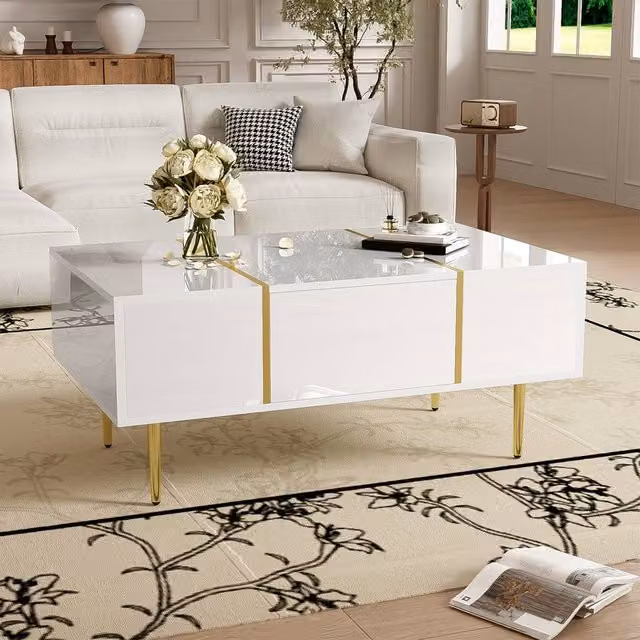 STILVORA Modern Rectangular Coffee Table with 2 Drawers in White High Gloss and Gold Details – 1