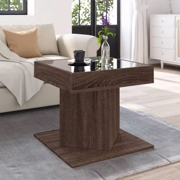 Berkfield Home Modern Square Coffee Table in Brown Oak with LED, W/D/H: 50 x 50 x 45 cm