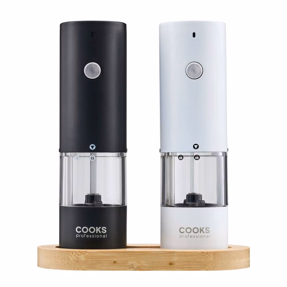 Cooks Professional Rechargeable Stainless Steel Salt and Pepper Mill Set with Bamboo Base in Black and Multicolour – 4