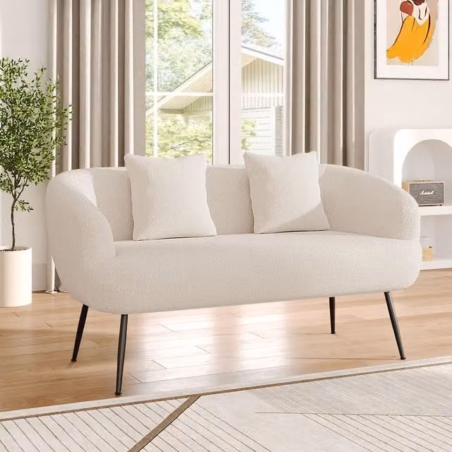Livingandhome Modern White Bouclé Fabric Sofa with Scatter Cushions and Metal Legs