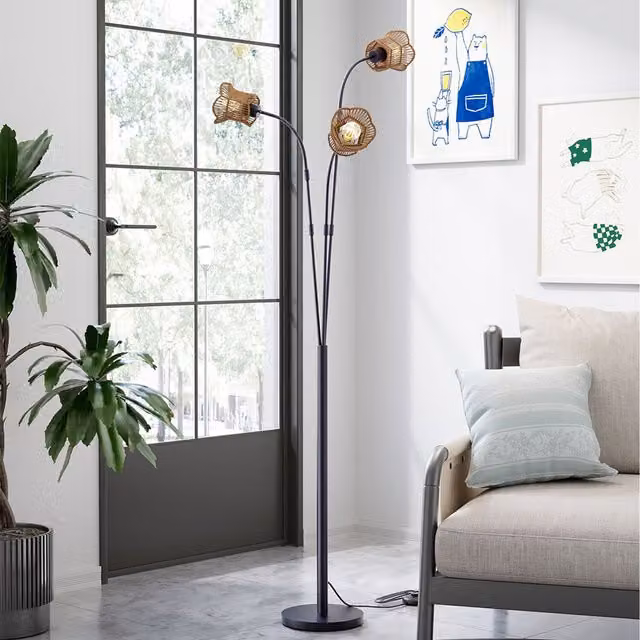 Komore 3-Light Black Floor Lamp with Paper and Rattan Woven Shades