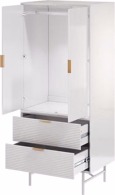 Komore Wave Effect Design White Freestanding Wardrobe with Integrated Drawers and Hanging Rod