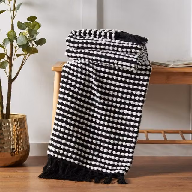 Catherine Lansfield Stab Stitch Woven Tassel Throw in Black, W: 125 cm, D: 150 cm
