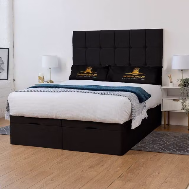 UK Bed Furniture Florence Divan Ottoman Storage Bed with End Lift and 54 Inch Headboard, Black, W/D/H: 200 x 200 x 137.16 cm