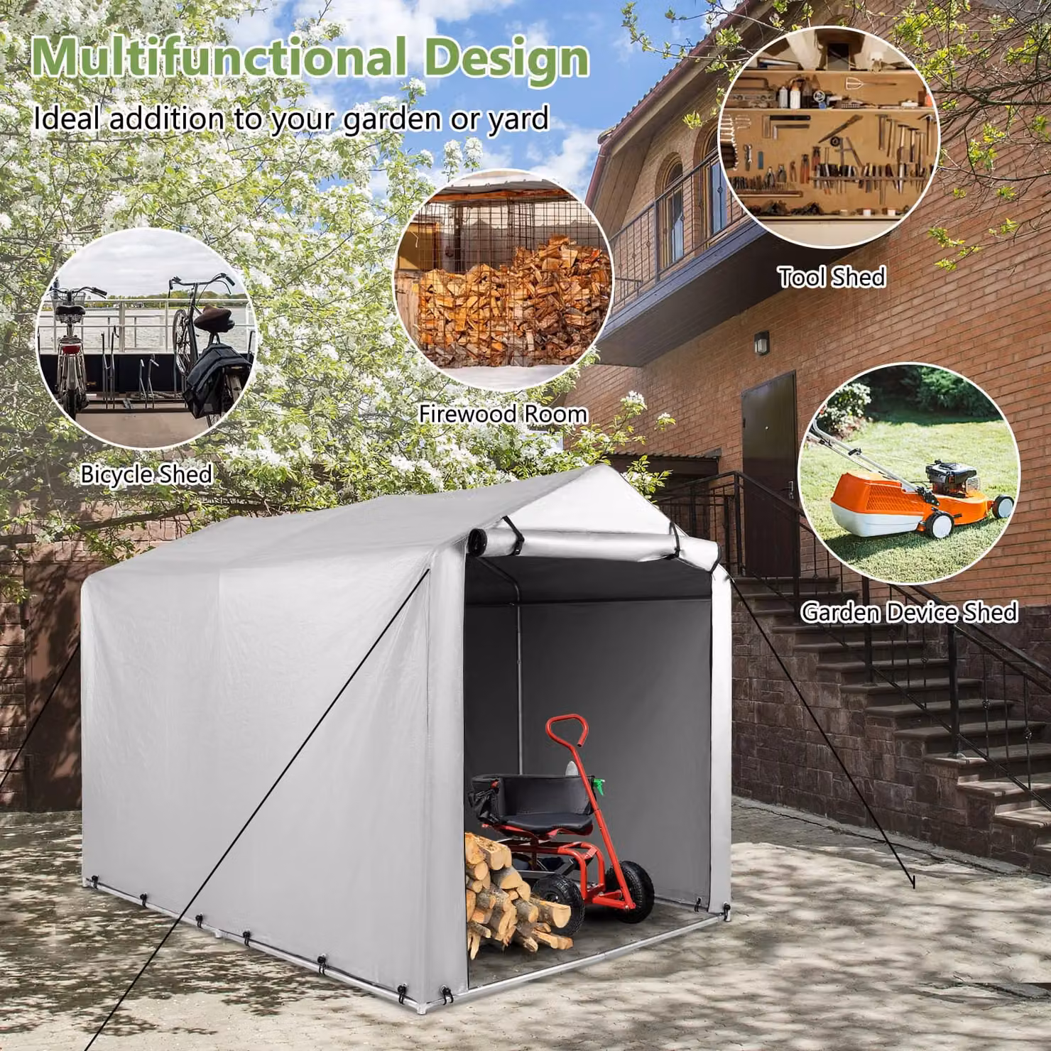 Costway Outdoor Storage Shed in Grey, Galvanised Steel Gable Garage Shelter, W: 160 cm, D: 218 cm, H: 164 cm – 3