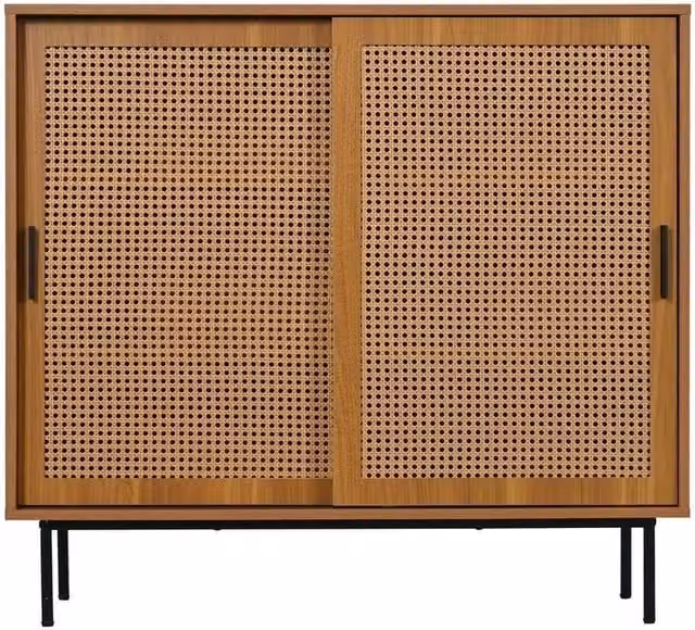 ERGOVEXA Brown Rattan Sideboard Storage Cupboard with Sliding Barn Doors – 1