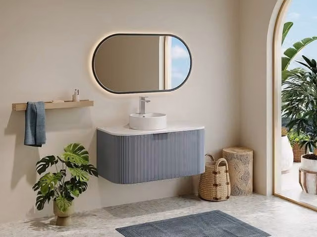Vente-unique Lomeri Modern Wall-Mounted Bathroom Unit with Countertop Basin and LED Lighting in Matt Blue and White, W: 100 cm, D: 45 cm, H: 48 cm – 1