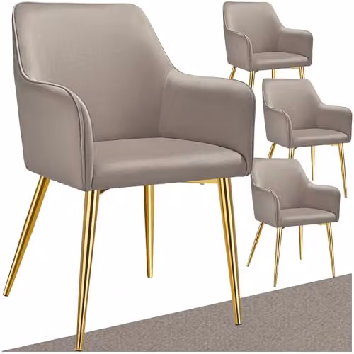 tectake Set of 4 Modern Velvet-Look Dining Chairs with Armrests in Beige and Gold