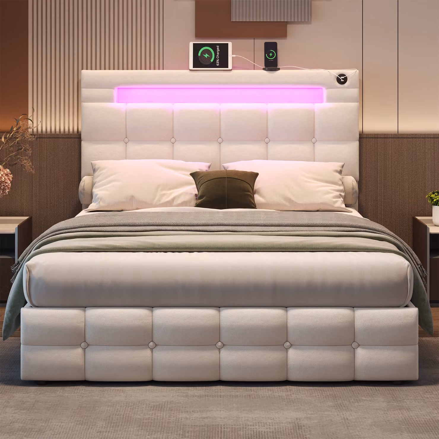 Aosom UK Beige Velvet LED Double Upholstered Bed Frame with Charging Station and Hydraulic Storage, W/D/H: 142 x 202.5 x 108 cm – 5