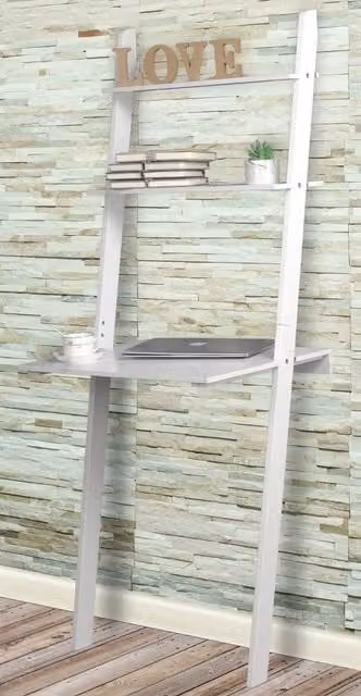 EONLION Modern Wooden Ladder Computer Desk with 2 Shelves in White or Grey – 1