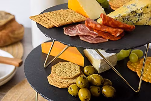 Artesà Tiered Serving Platter with 2 Round Grey Slate Stands and Gold Metal Legs, W/D/H: 30.5 x 30.5 x 24 cm – 4