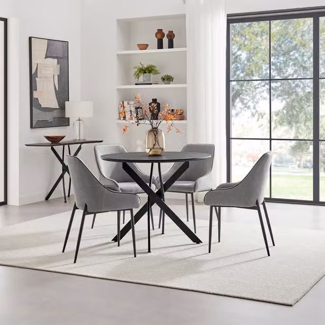 FurnitureboxUK Novara Round Dining Table with 4 Beaumont Chairs, Black Top and Grey Upholstery, Diameter: 100 cm