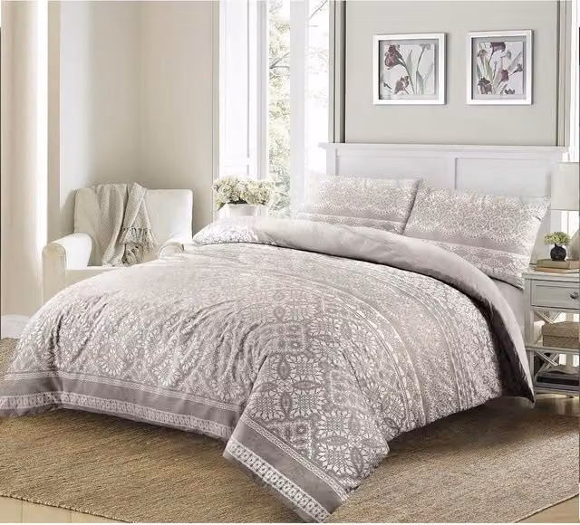 Kampala Hill Silver and White Graphic Duvet Cover and Pillowcase Set, W/D/H: 180 x 200 cm and 50 x 75 cm