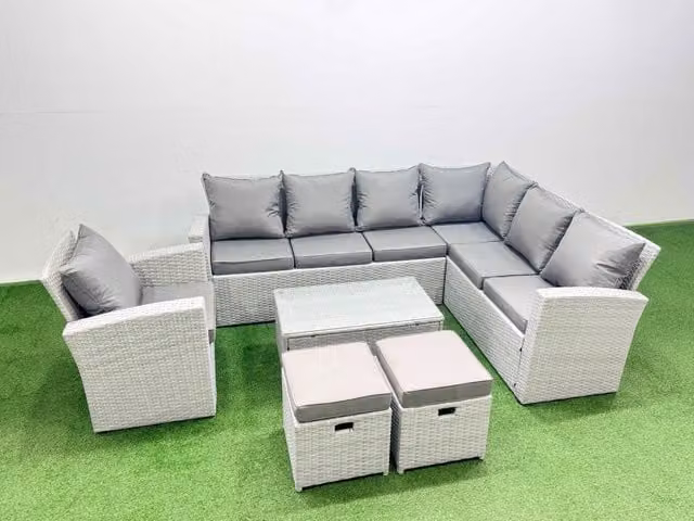 Fimous Garden 9 Seater Rattan Outdoor Furniture Set in Light Grey with Upholstered Cushions