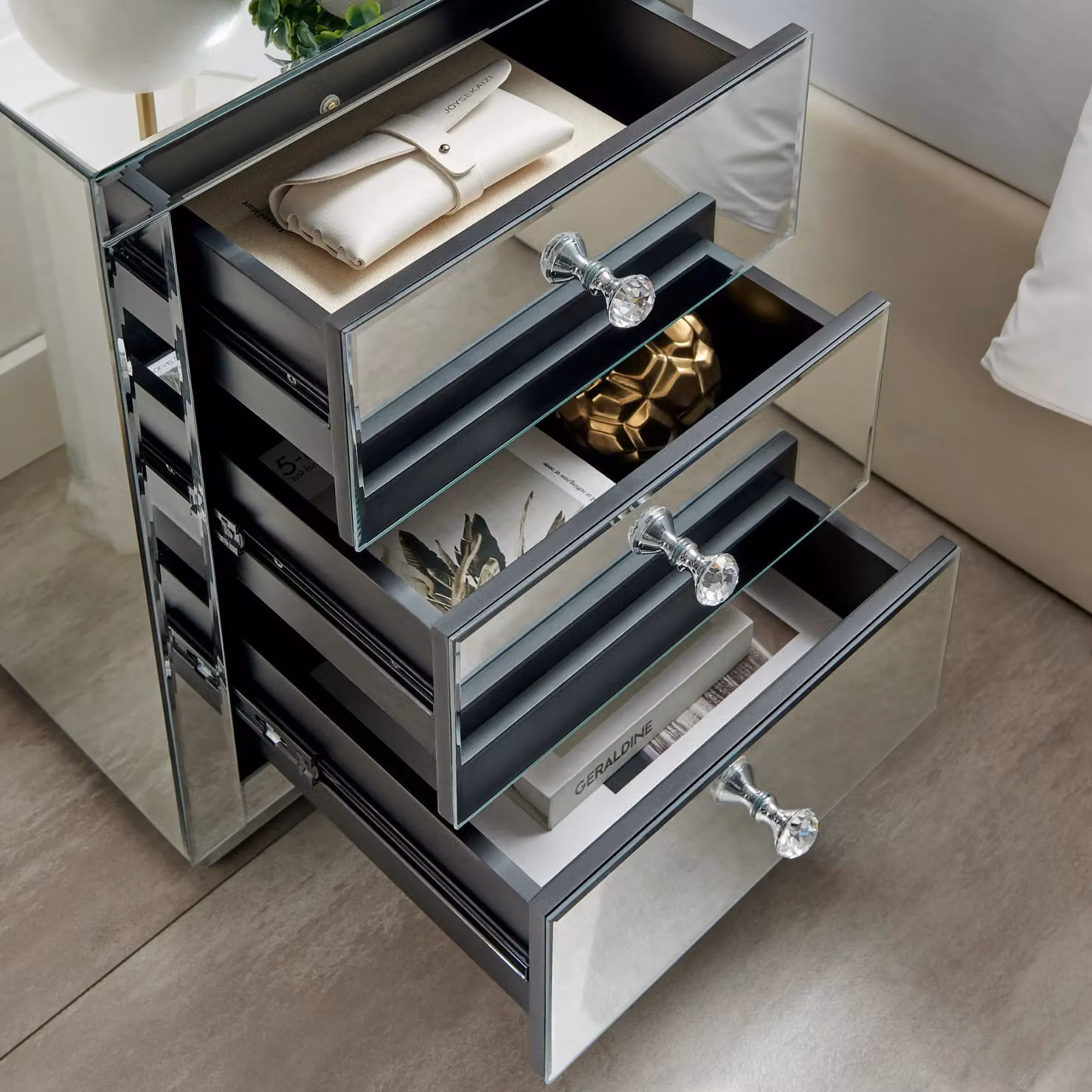 FurnitureboxUK Italian Inspired Contemporary Mirrored 3 Drawer Rectangular Bedside Table with Crystalline Shaped Handles in Silver and Grey – 2
