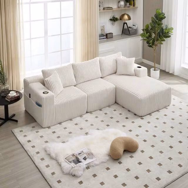 Direct Wicker L-Shaped Modular Sectional Sofa in White with Reversible Upholstered Fabric and Foam Cushions, 3 Seater