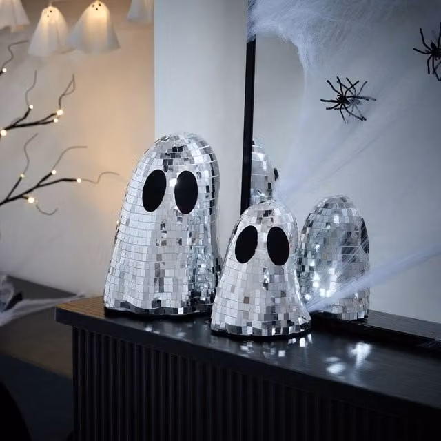 OHS 2 Pack Halloween Ghost Disco Mirror Ball Freestanding Party Decor in Silver and Black