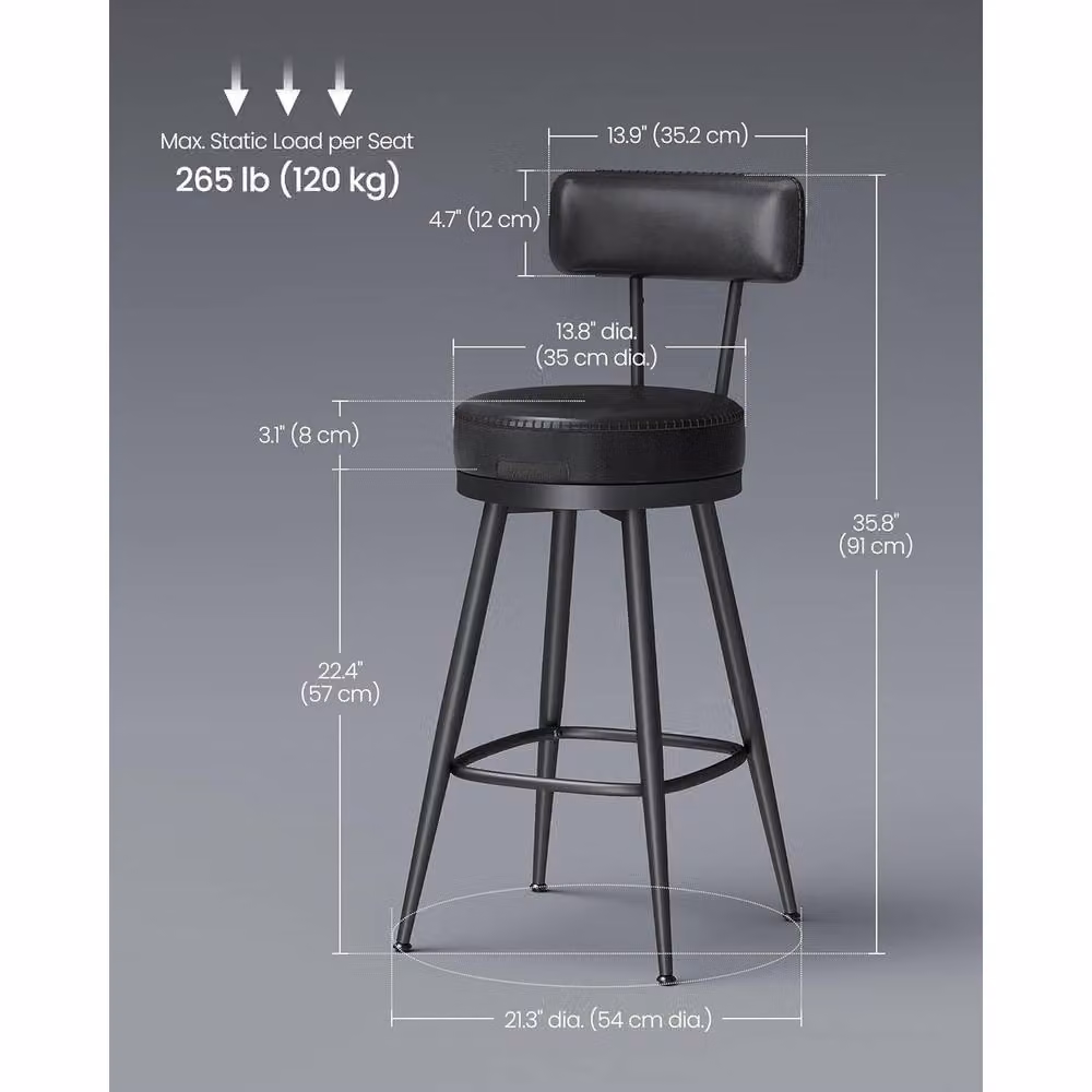 The Bazaarist Set of 2 Modern Swivel Bar Stools in Black PU Leather – 3