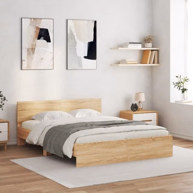 Berkfield Home King Size Bed Frame in Sonoma Oak Brown with LED Under-Bed Lighting and USB Charging Port, W/D/H: 150 x 200 cm